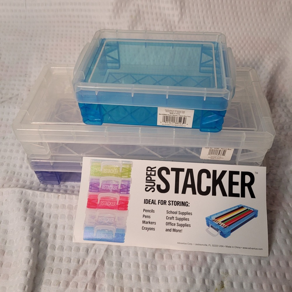 Advantus Super Stacker Storage Box Set 3pc Pencil Crayon Clear Purple Turquoise